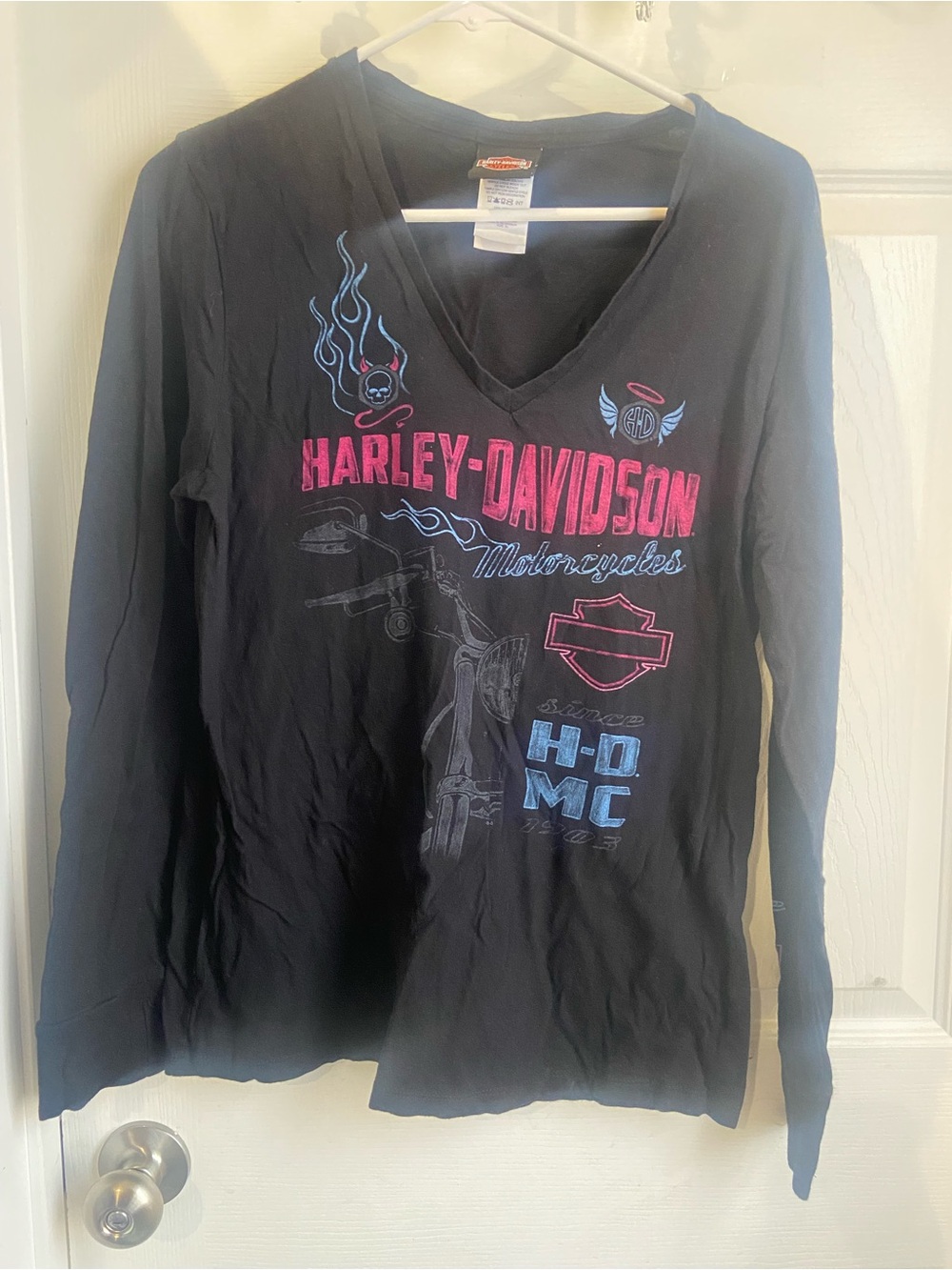 Harley-Davidson Black V-Neck Shirt with Orange Logo Tag